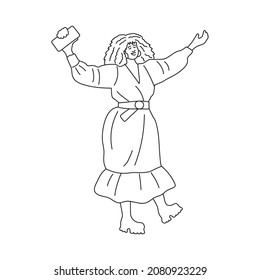Happy african woman in beautiful dress with phone in her hand. Good news, joyful message, important call. Education and business. Contour illustration with character