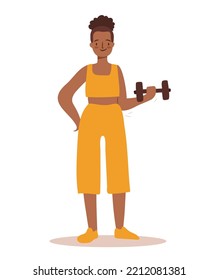 Happy african woman doing fitness excerice. Character with dumbbell concept.