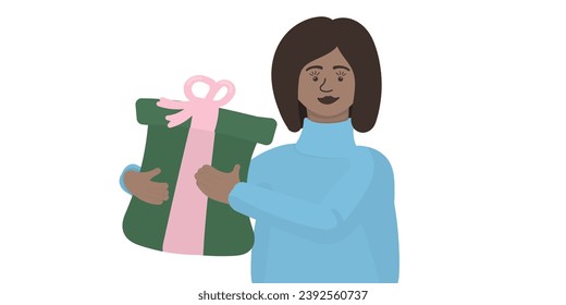 Happy African woman in light-blue sweater with big gift in her hands. Congratulations from woman. Gift for holiday, birthday, promotions, sale. Flat cartoon illustration isolated on white background.