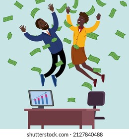 Happy african woman and man jump in the air falling money rain in the office. Success finance business, falling cash. Vector illustration