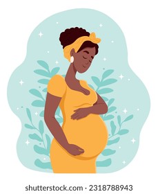 Feliz mujer africana embarazada abrazando su vientre con las manos. Maternidad. Ilustración vectorial al estilo de las tiras cómicas.