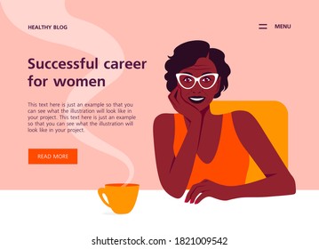 A happy African woman sits at the table and holds her head in her hand. The interesting work in office. Horizontal banner with text. Vector flat illustration