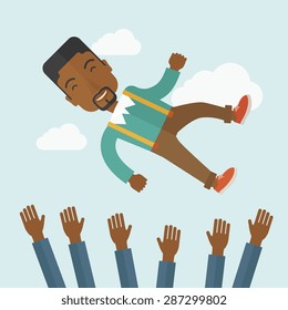 Happy african-ameircan businessman being throwing up to the sky by his teamwork or colleague. Happiness concept. A contemporary style with pastel palette soft blue tinted background with desaturated