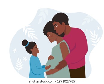 A happy African-American black family expecting baby. A mother with large pregnant belly, who is hugged by father and daughter. Portrait in profile. The concept of motherhood, love, care,  support. 