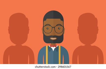 A happy african-american businessman with his two shadows. A Contemporary style with pastel palette, orange tinted background. Vector flat design illustration. Horizontal layout. A happy african-american businessman with his two shadows. A Contemporary style with pastel palette, orange tinted background. Vector flat design illustration. Horizontal layout.