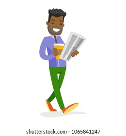 Happy african-american businessman reading a newspaper and drinking coffee. Young man walking with a newspaper in hands. Vector cartoon illustration isolated on white background. Square layout.