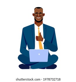Happy African-American businessman is using laptop for video communication, in casual sitting on the floor in lotus pose, looking into webcam and talking online shows gesture cool or like. Vector.