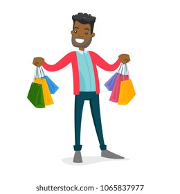 Happy african-american consumer carrying shopping bags. Young man holding a lot of shopping bags. Guy showing his purchases. Vector cartoon illustration isolated on white background. Square layout.