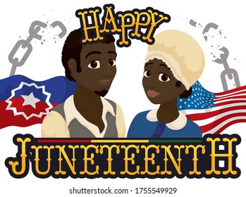 
Happy African-American Couple Celebrating Juneteenth With Commemorative Elements: Broken Chains As Symbol Of Freedom, Traditional Clothes For Historical Reenactments And Juneteenth And American Flags