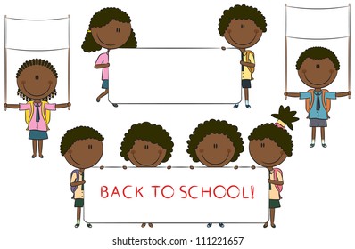 Happy African-American cute children holding empty banner for your message