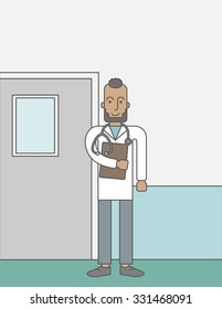 A happy african-american doctor with beard standing with stethoscope and a file on a hospital wall background.  Vector line design illustration. Vertical layout with a text space for a social media