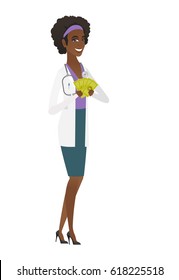Happy african-american doctor in medical gown holding money. Excited doctor standing with money in hands. Full length of doctor with money. Vector flat design illustration isolated on white background