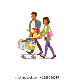 Happy African-American Family Cartoon Vector Characters Walking with Supermarket Shopping Cart Full of Food Products Isolated on White Background. Parents with Son Buying Groceries, Making Purchases