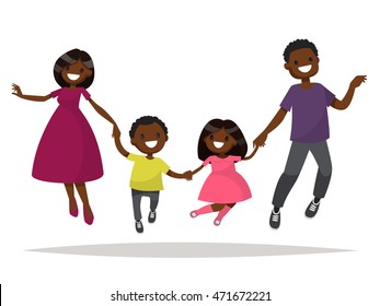 Família afro-americana feliz está pulando. Pai mãe filha e filho de mãos dadas pularam. Ilustração vetorial de um projeto plano