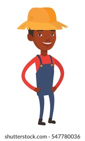 Happy african-american farmer in summer hat. Farmer standing with hands in pockets. Illustration of full lenght of young satisfied farmer. Vector flat design illustration isolated on white background.