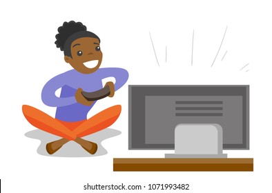 Happy african-american gamer playing video game on the television. Excited young woman with console in hands playing video game at home. Vector cartoon illustration isolated on white background.