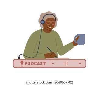 A happy African-American grandma in headphones listens to a podcast or online radio broadcast, take notes and holds a mug in her hand. Vector illustration in flat style.