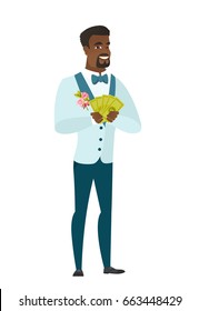 Happy african-american groom holding money. Excited groom in a wedding suit standing with money in hands. Full length of groom with money. Vector flat design illustration isolated on white background.