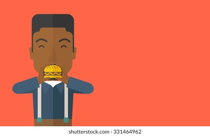 A happy african-american man eating hamburger vector flat design illustration. Horizontal layout with a text space.