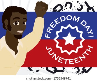 
Happy African-American man with Juneteenth flag and broken chains around it, commemorating Freedom Day in U.S.A.