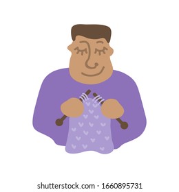 Happy african-american man knitting a scarf. Vector illustration. Flat design element for card, banner, leaflet, poster.