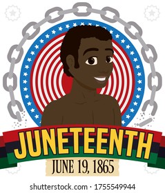 
Happy African-American man with Pan-American flag, scroll, button with American design and broken chains, symbolizing freedom during Juneteenth commemoration in June 19.