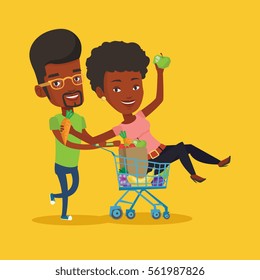 Happy african-american man pushing a shopping trolley with her friend. Couple of young carefree friends having fun while riding by shopping trolley. Vector flat design illustration. Square layout.