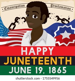 Happy African-American man with U.S.A., Juneteenth and Pan-African flags and broken chains commemorating freedom during this celebration in June 19.
