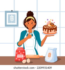 A happy African-American pastry chef in uniform prepares a festive chocolate cake. The girl cooks at home or in a restaurant. Favorite hobby or home business. Vector illustration