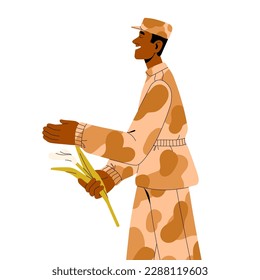 Happy African-American soldier holding flowers in hand for peace and victory celebration. Smiling peaceful army serviceman celebrating. Flat graphic vector illustration isolated on white background