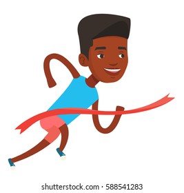 Happy african-american sportsman running through finishing line. Winner crossing finishing line. Sprinter breaking the finishing line. Vector flat design illustration isolated on white background.