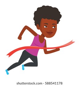 Happy african-american sportswoman running through finishing line. Winner crossing finishing line. Sprinter breaking the finishing line. Vector flat design illustration isolated on white background.