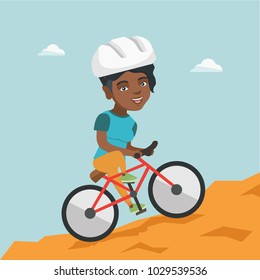 Happy african-american traveler woman riding a mountain bike. Young smiling traveler woman in helmet traveling in the mountains on a mountain bicycle. Vector cartoon illustration. Square layout.