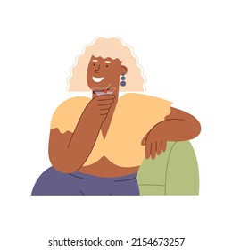 Happy african-american woman drinking a cocktail. Joyful woman on a beach chair with cocktail. Vector flat design illustration. Square layout.