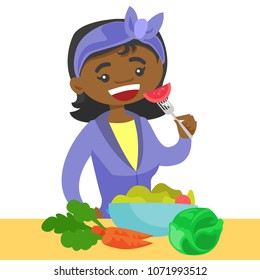 Happy african-american woman eating a healthy vegetable salad. Young woman enjoying a fresh vegetable salad. Concept of healthy nutrition. Vector cartoon illustration isolated on white background.