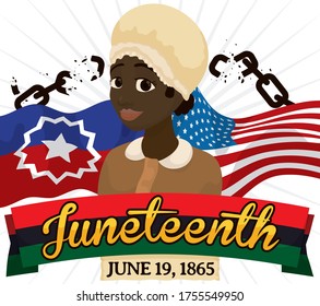 
Happy African-American Woman With Traditional Historical Reenactment Costume, U.S.A., Pan-African And Juneteenth Flags And Broken Chains To Celebrate This Holiday.