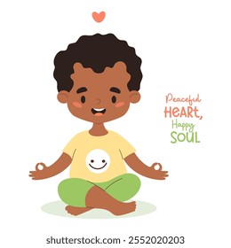 Happy afro american curly boy child meditating sitting in asana with cool phrase. Hobbies, sports, healthy lifestyle. Kids collection. Vector illustration