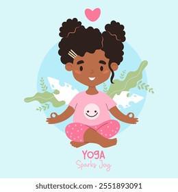 Happy afro american curly girl meditating sitting in asana with nature and cool phrase. Concept beneficial effects of environment, Hobbies, sports, healthy lifestyle. Vector illustration in flat style