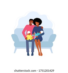 Happy afro american family with a childs on the couch. Man, woman and their children in living room vector illustration. Couple with babys. African American family