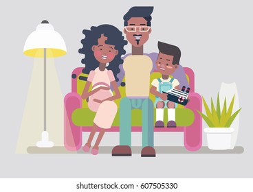 Happy  afro american family. Cozy living room interrior