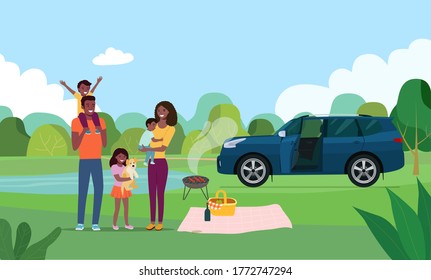 Happy afro american family having picnic in the forest. Vector flat illustration.