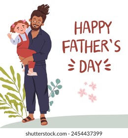 Happy Afro American father holds his baby in his arms while enjoying each other's company. Happy father's day. Flat vector illustration hand drawn illustration style.  