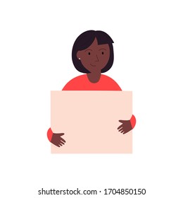 Happy afro american girl carrying an empty placard isolated on white background. Smiling girl demonstrating an empty banner with a place for text