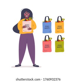 Happy afro american young woman. Cute girl embraces bag with vegetables and smiling. Zero waste lifestyle concept. Set string-bags. Flat vector illustration isolated on white background. Clip art