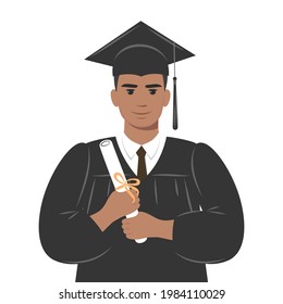 Happy afro graduate student with a diploma in graduation cap and robe . Young man who graduated from studies. Flat vector illustration on white background. 