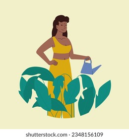 Happy afro woman watering houseplant vector illustration