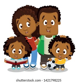 Happy afro-american parents care about their daughter and son. Girl reading book and boy with ball standing near mother and father. Cartoon vector illustration isolated on white background.