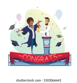 Happy Afro-American Student Receive Gold Medal and Degree Certificate from Professor or Rector. Stage with Red Tape and Congrats Lettering. Confetti, Balloons, Flying Hats Design. Vector Illustration