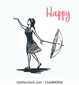 Happy, after the rain, concept sketch. A beautiful girl in a dress has rejected an umbrella and check with a palm whether the rain is coming. Vector hand drawn illustration.