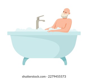 Feliz anciano calvo con barba en baño de retiro en una ilustración de vectores de baño